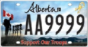 A sample of the Alberta Support Our Troops licence plate.